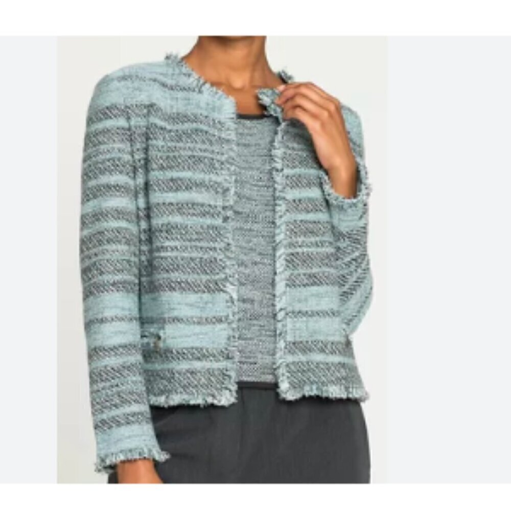 Nic + Zoe Tweed Striped Cotton Open Front Blazer Coat Jacket Blue Small - Picture 2 of 9